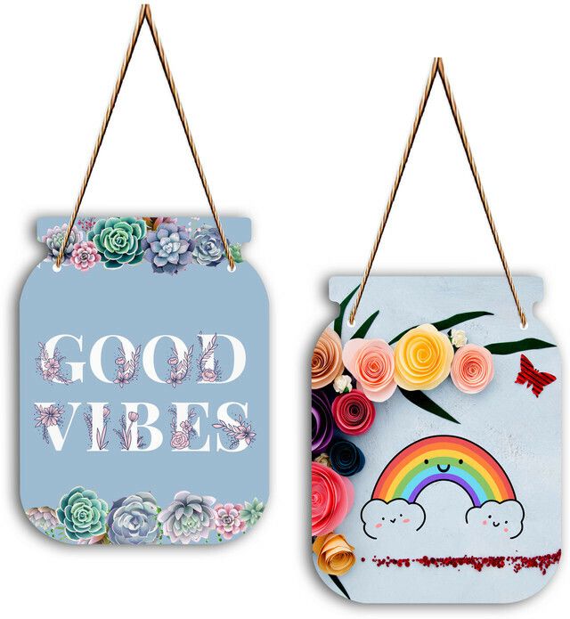 Set of 2 Jar Shape Good Vibes MDF Designer Wall Hanging|Wall Decoration|WHB-J-01