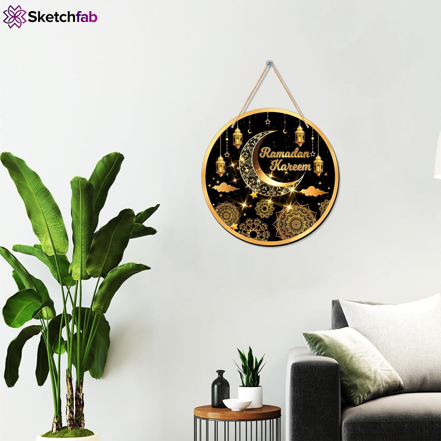 Ramadan Kareem Hanging Wall Decor – Elegant Gold & Black Islamic Ornament