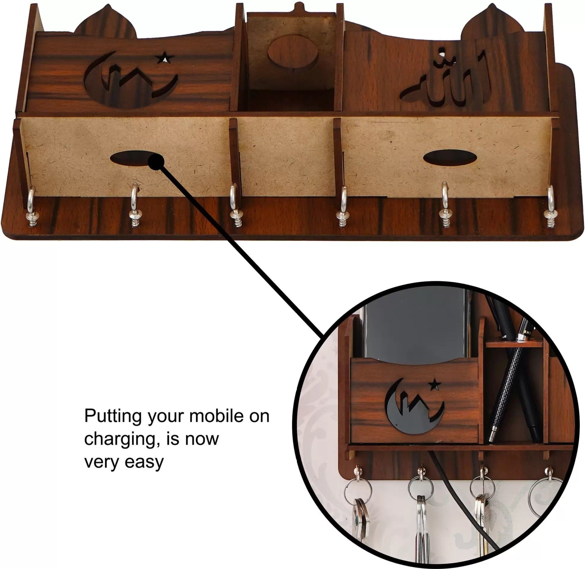 Beautiful Wooden Allah Taj Key Holder For Home Wall Decoration